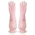 thumbnail image 2 of Long Rubber Dishwashing Gloves - Waterproof Household Kitchen Cleaning Gloves, Durable Laundry Gloves with Floral Design, 1 Pair, White/Blue/Pink, 16.53" Length, 2 of 6