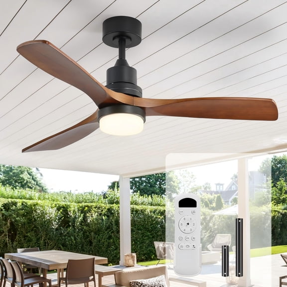 Sofucor 52" Wooden Ceiling Fan with LED Light, 3 Solid Wood Blades Quiet Reversible DC Motor Indoor Outdoor Fan