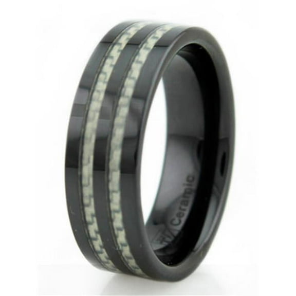 Black Ceramic Mens Ring with White Carbon Fiber Inlay - Size 9