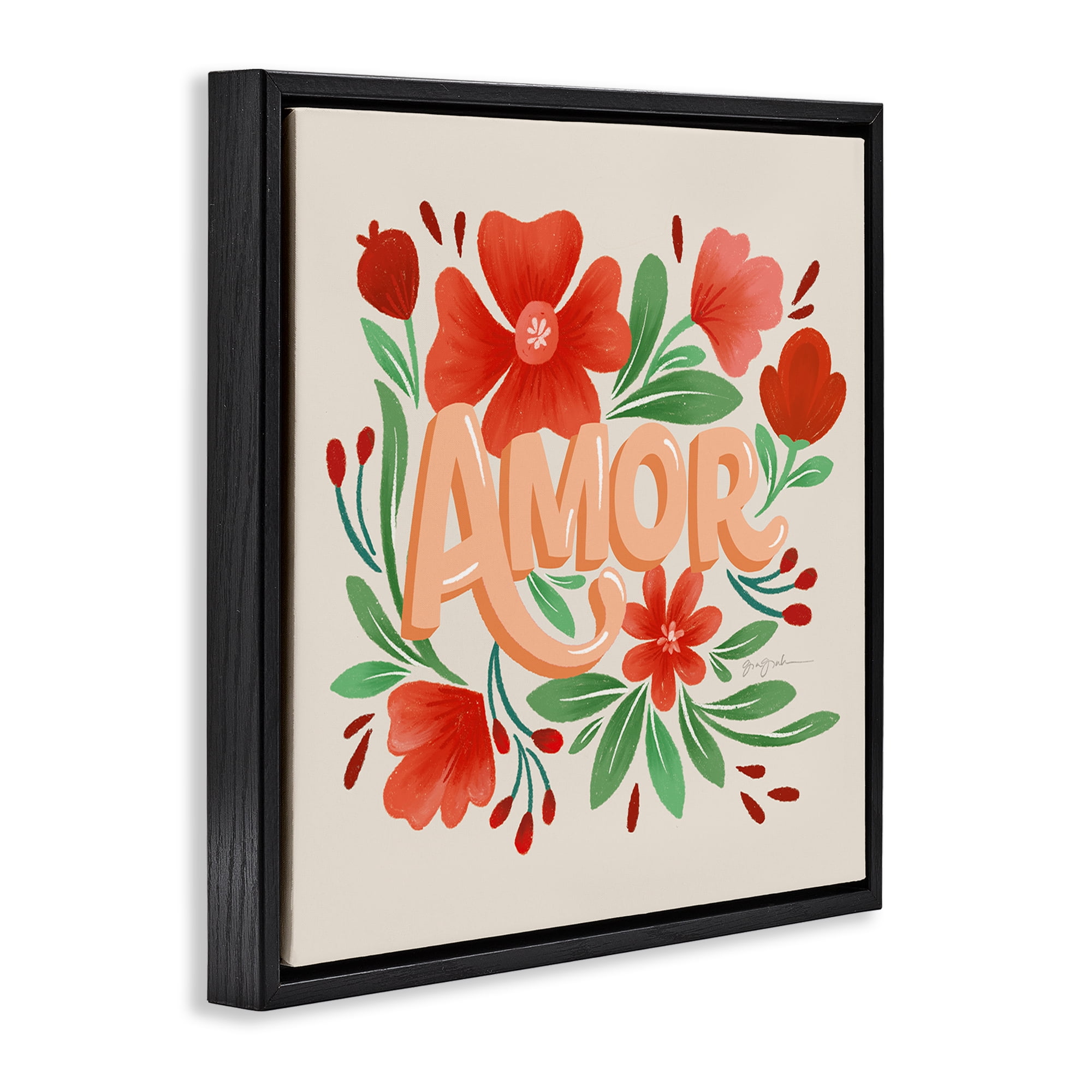 Stupell Industries Amor con Flores Rojas Floral & Botanical Painting Black Floater Framed Art Print Wall Art, 18 x 18
