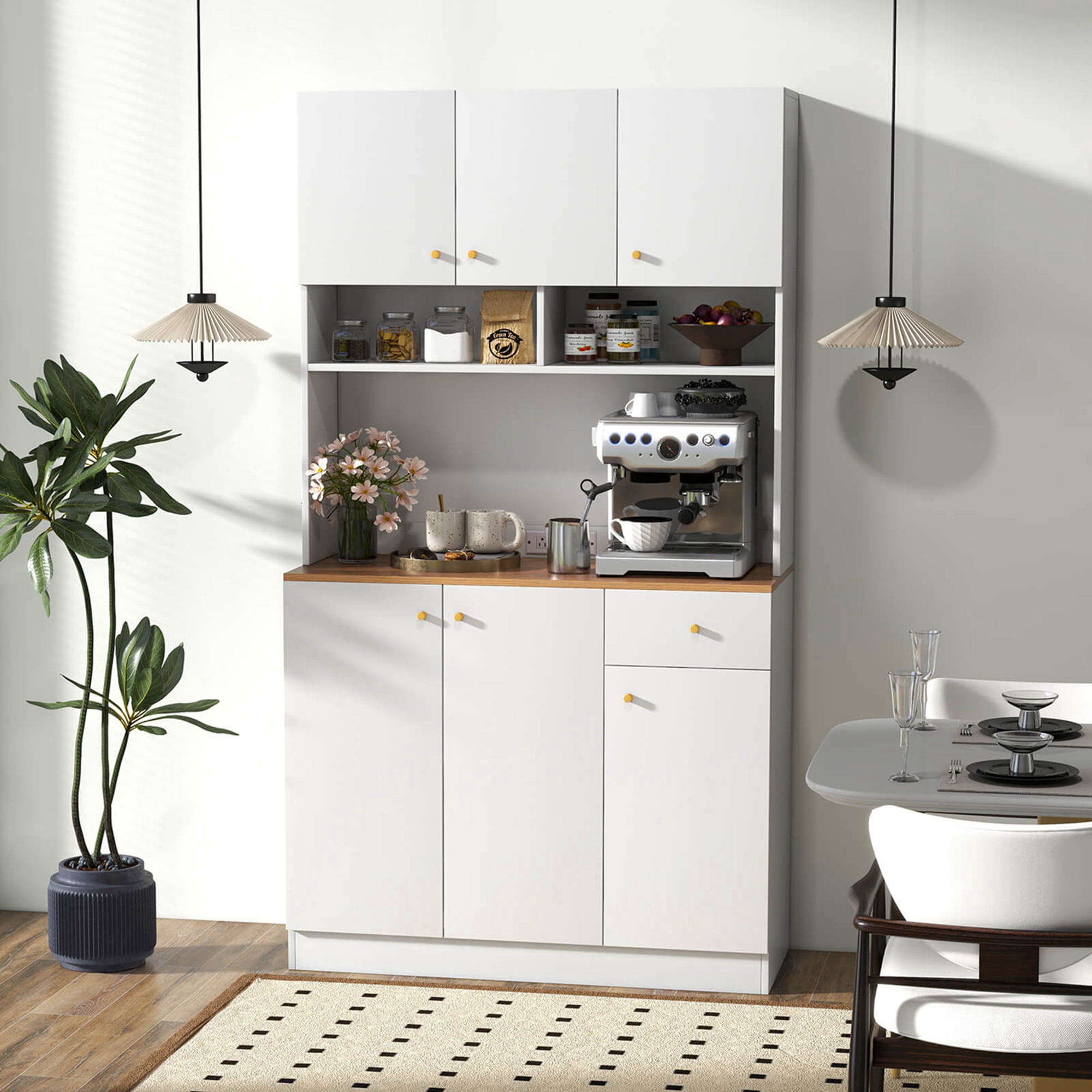 Costway 71" Tall Pantry Cabinet with Outlets USB Ports Anti-Tipping Kits Adjustable Shelves White