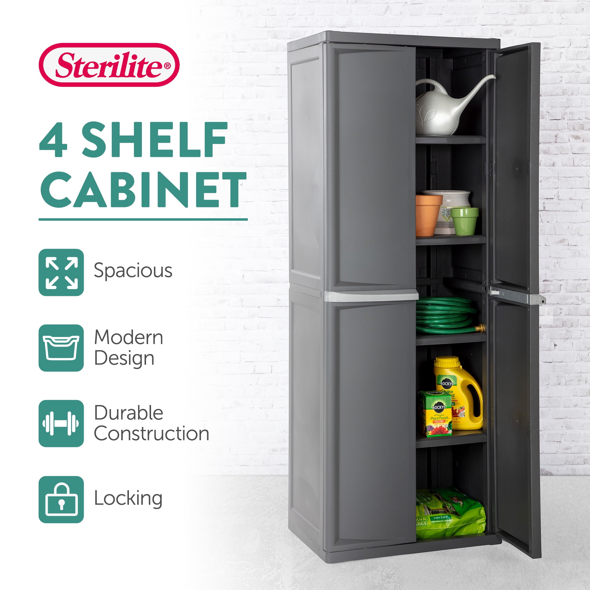 Sterilite Heavy Duty 4 Shelf Storage Cabinet Tall Utility Garage Organizer with Doors Flat Gray Walmart
