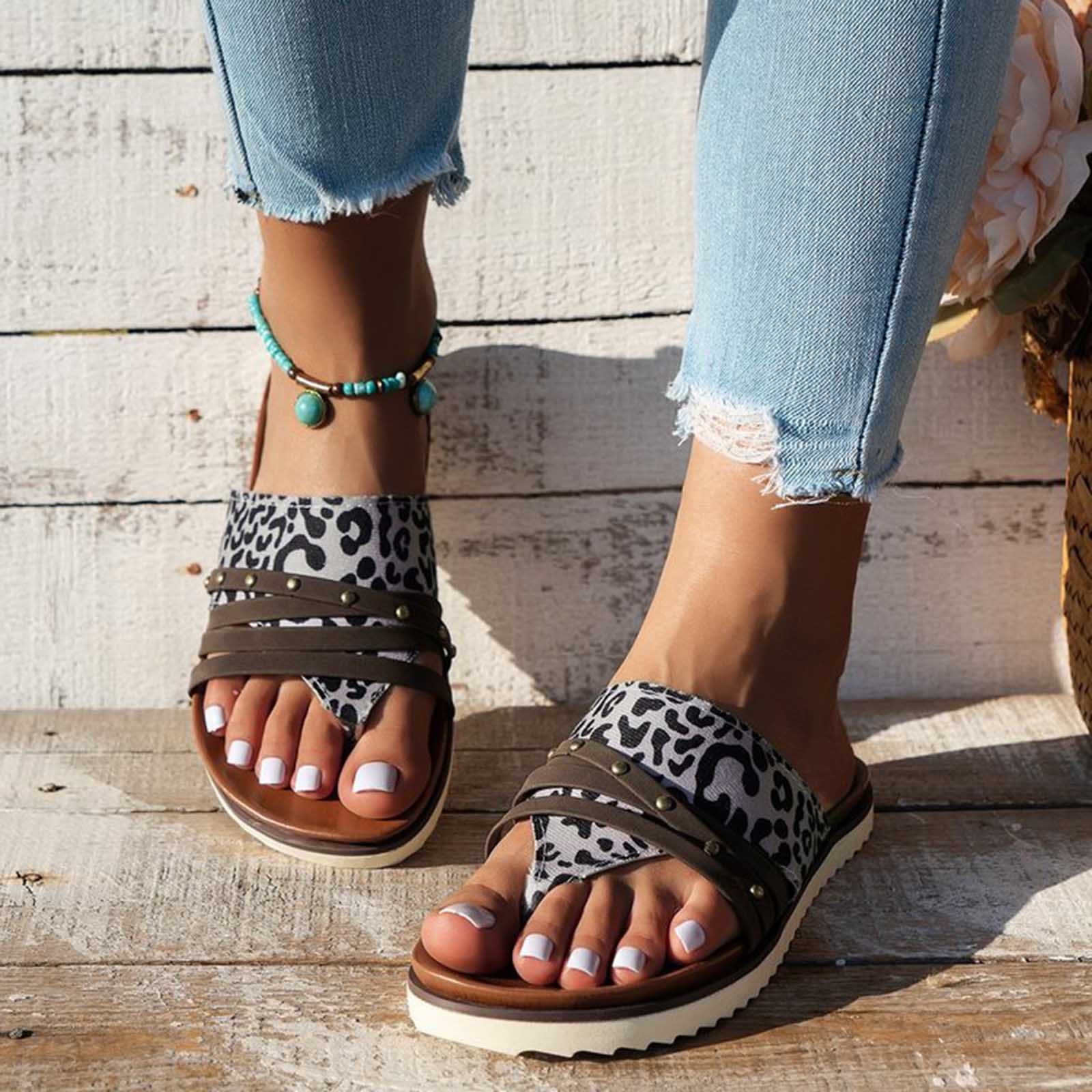 Mefallenssiah Women'S New foreign Trade Plus-Size Retro Strap Patchwork Color Clip toe Miter Beach Slippers