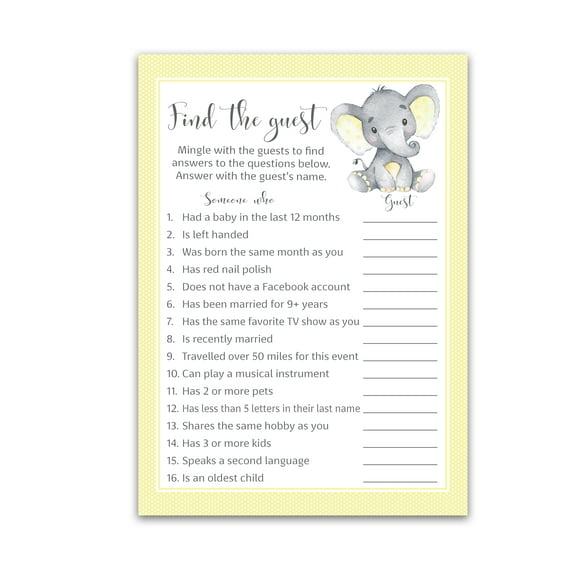 Gender Neutral Baby Shower Game, FIND THE GUEST Baby Shower Game — Pack of 25 — Icebreaker Baby Shower Party Game, Guess Who Came to the party Game, YELLOW Elephant Baby Shower Quiz Game SKU G521-FTG