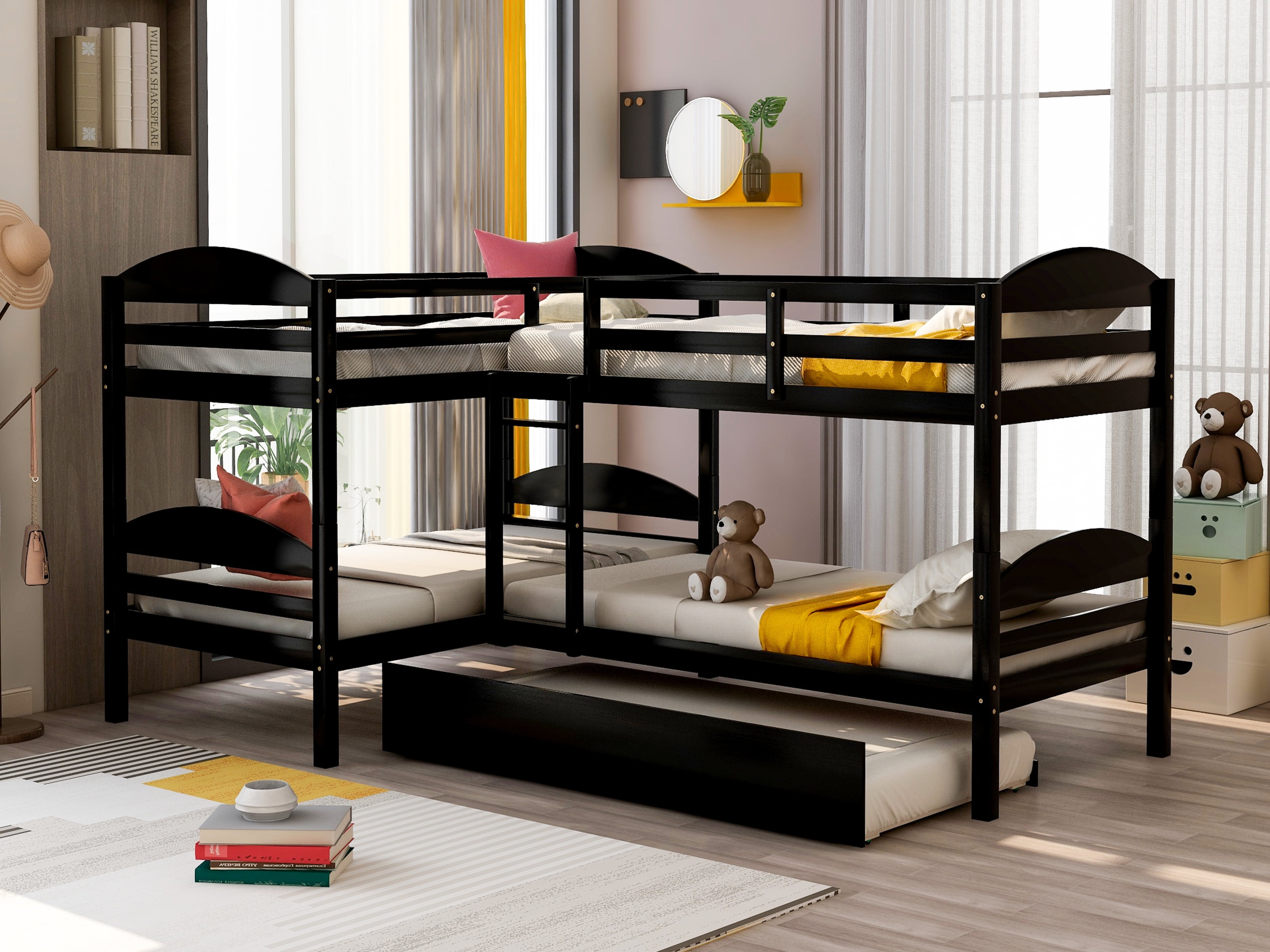 Bed Bunk For Kids Boys Girls Teens, Corner Twin Beds With Trundle