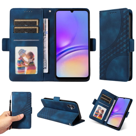Designed for Samsung Galaxy A06 Case Wallet, Flip Folio Cover with Embossed PU Leather Stand Credit Card Holders Slots Wrist Strap Full Body Protection Phone Case for A06 - Blue