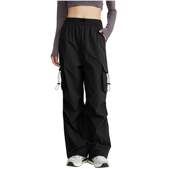REALiKUN Flap Pockets Parachute Pants for Women High Waist Cargo Pants Casual Hiking Baggy Cargo Pant Drawstring Trousers