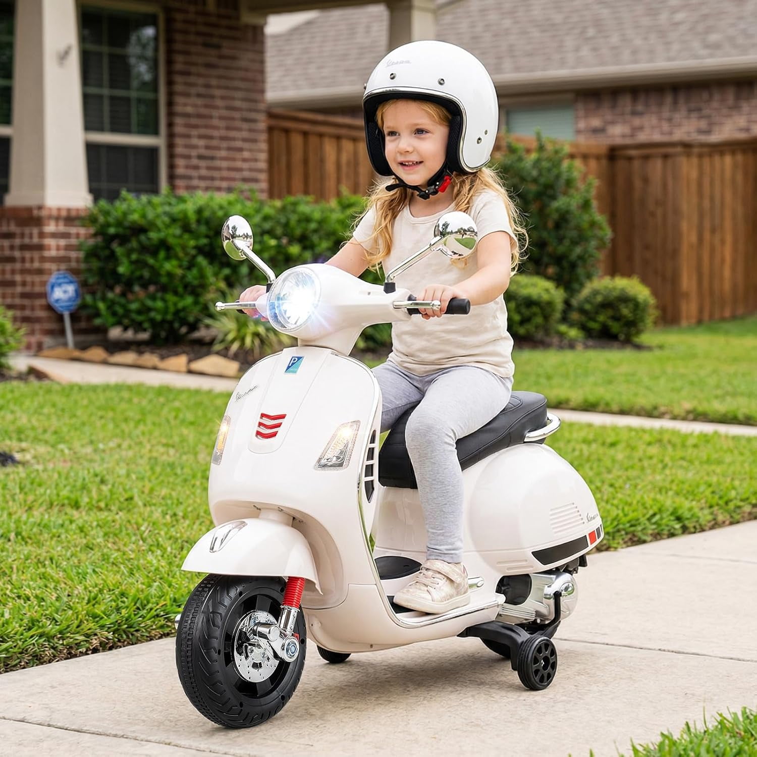 Licensed Vespa 12V Kids Motorcycle by OLAKIDS with Training Wheels, Music, Story, Horn, Lights for 3-6 Years