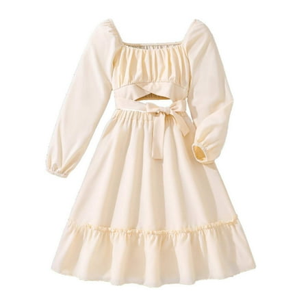 

HTGFGMGW Flower Girl Dresses Girl s Fall Solid Color Long Sleeve Leaky Waist Princess Dresses for 8 12 Years Old Dresses for Girls White