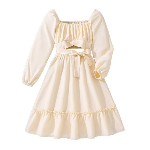 NOKIO Kids' Casual Long Sleeve Dress, Kids' Comfortable Long Sleeve Dress, Girls' Tiered Summer Dresses Girl's Fall Solid Color Long Sleeve Leaky Waist Princess Dresses For 8 12 Years Old