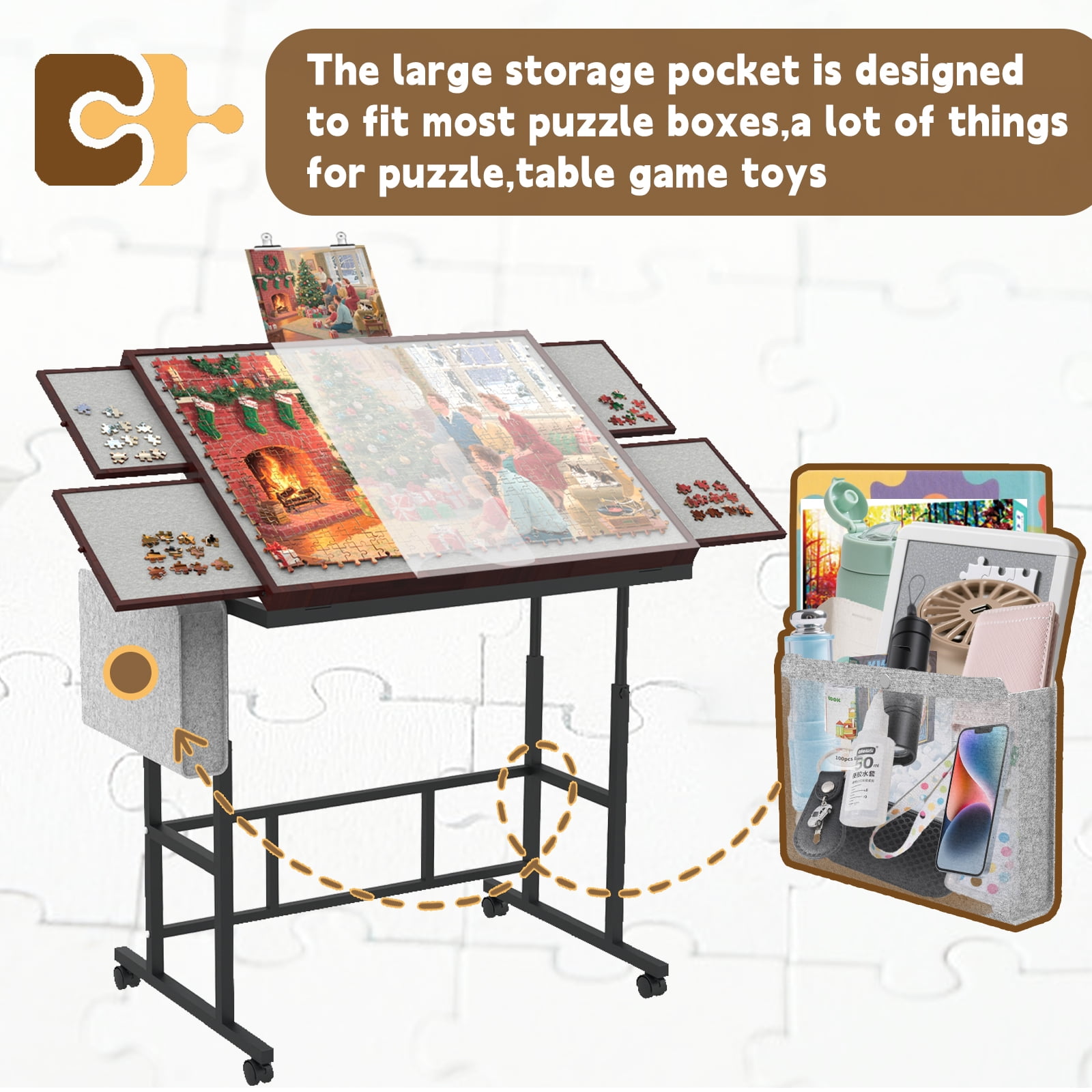 Jigsaw Puzzle Table for Adults with Drawers&Storage Pocket, Jigsaw Puzzle Board with Legs and Wheels, 5 Adjustable Height&Tilting, Coffee Color