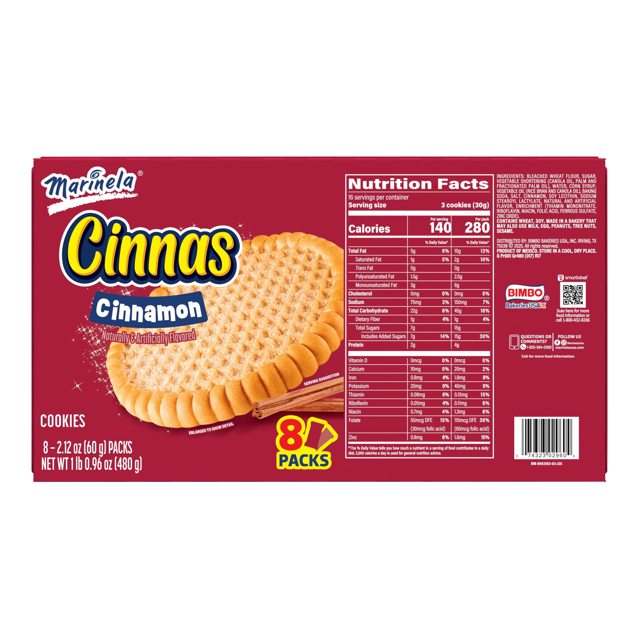 Marinela Cinnas Cinnamon Cookies, 8 packs, Cookies, 16.96 oz Multipack