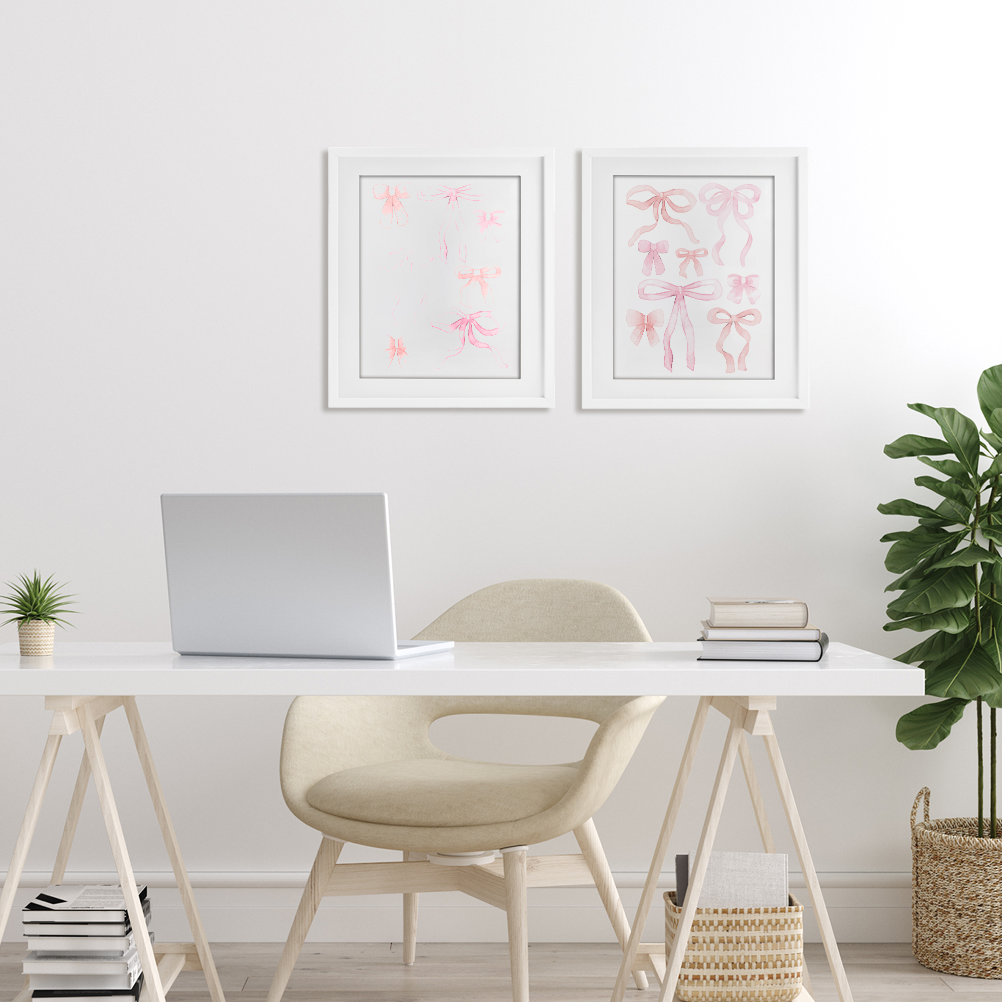 Elegant & Soft Bows 2 Piece White Framed Print Under Glass Set, design by Kim Allen