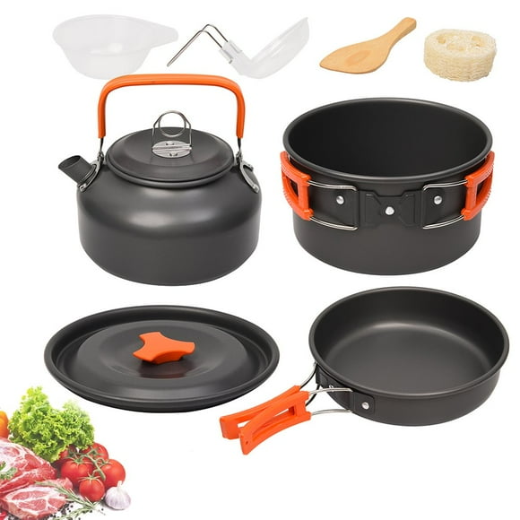 9pcs Camping Cookware Set 1-2 Person Campfire Kettle Outdoor Cooking Mess Kit Pots Pan for Backpacking Hiking Picnic Fishing with Spork Knife Spoon Anodized aluminum (Orange)