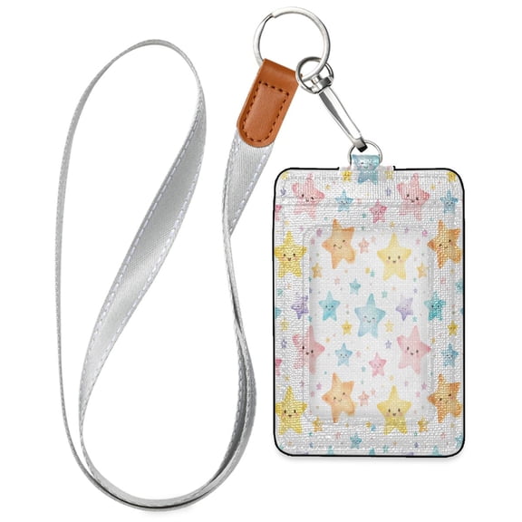 PU Leather Badge Holder Lightweight ID Card Holder with Window Pocket Smiling Star Pattern