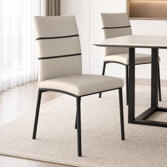 White Faux Leather Dining Chair with Black Accent Stripe, Black Metal Leg Upholstered Side Chair