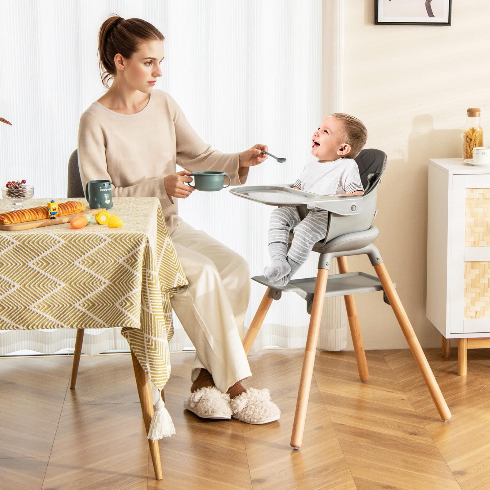 Infans 6-in-1 Convertible Wooden Baby Highchair Infant Feeding Chair w/ Removable Tray