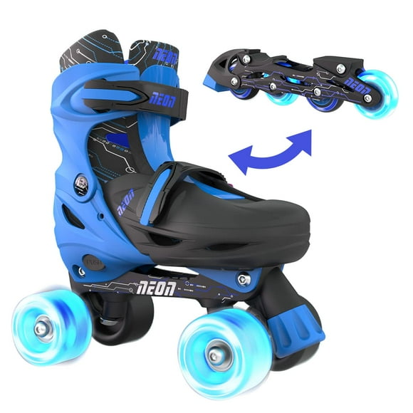 Yvolution Neon Combo Skates Quad and Inline 2-in-1 Adjustable Size Skates with LED Wheels, Outdoor Quad Roller Skates for Girls and Boys(Blue 2022, 3-6)