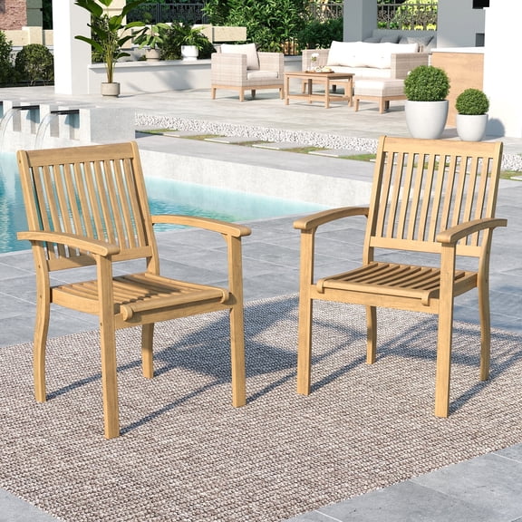 SUMMIT LIVING 2-Piece Acacia Wood Patio Dining Chairs, Outdoor Oil Finished Natural Wooden Armchairs