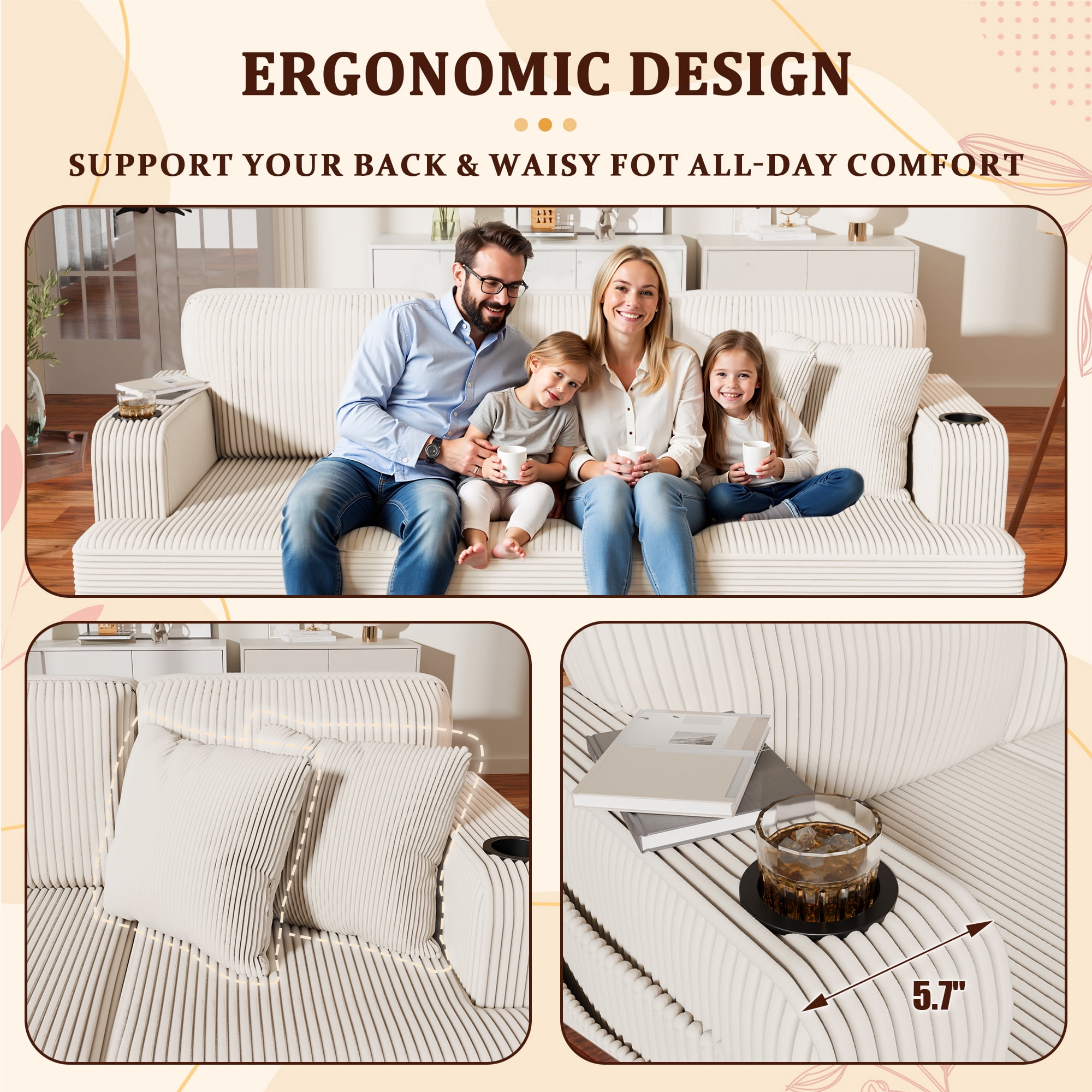 Homall 84''W Modern Sofa 3 Seat Adult Corduroy Couch with Wide Armrest Fabric Couch with USB Charging Ports for Living Room, Beige