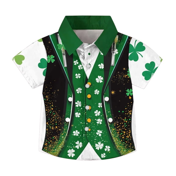 LEKWK Boys St. Patrick's Day Shirt Faux Leprechaun Vest Graphic Short Sleeve Button Down Top Novelty Irish Costume