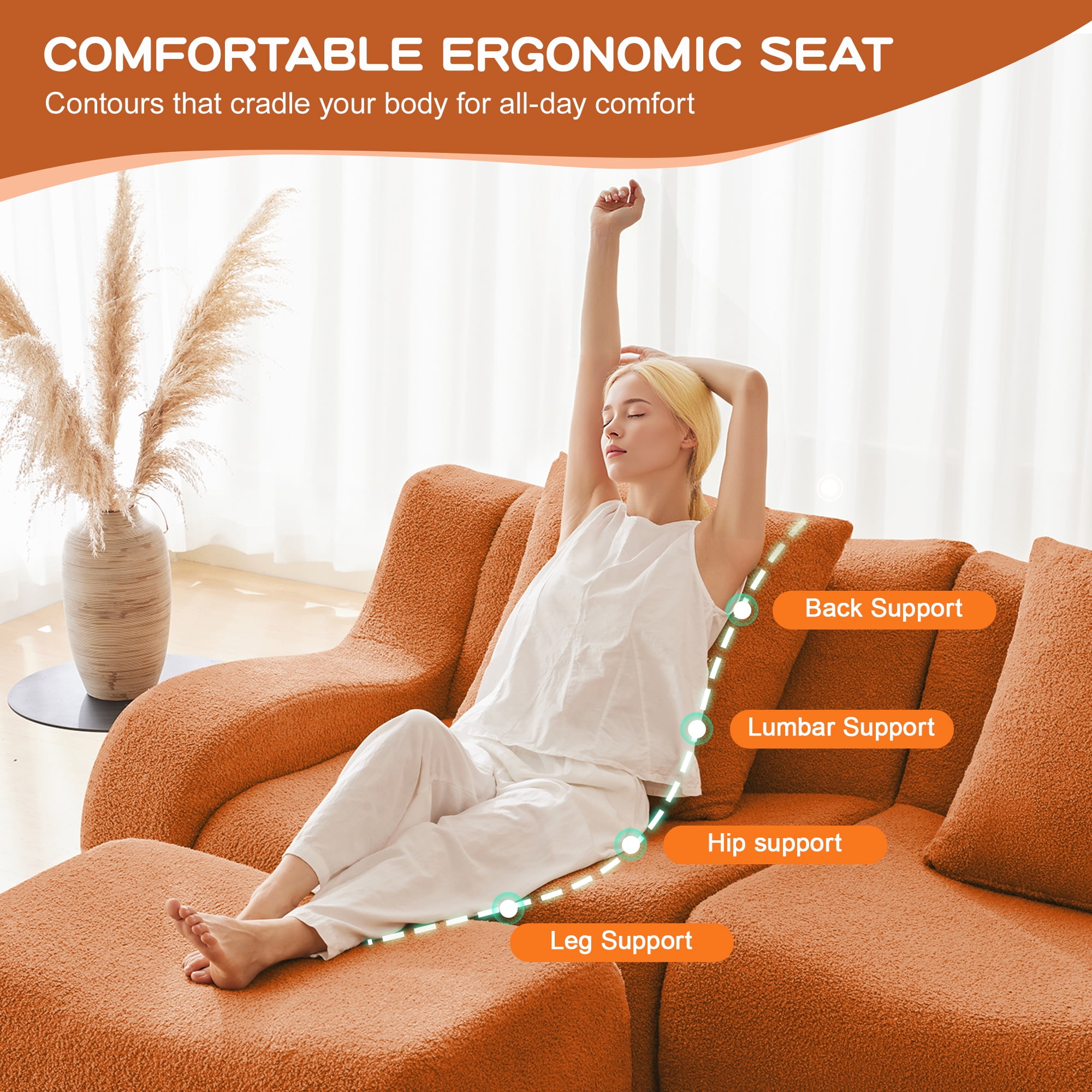 MAYEERTY 82.7" L-Shaped Teddy Fabric Boneless Sofa, Orange 300lbs/seat 32D Foam No Assembly Curved Armrest Couch for Living Room Bedroom