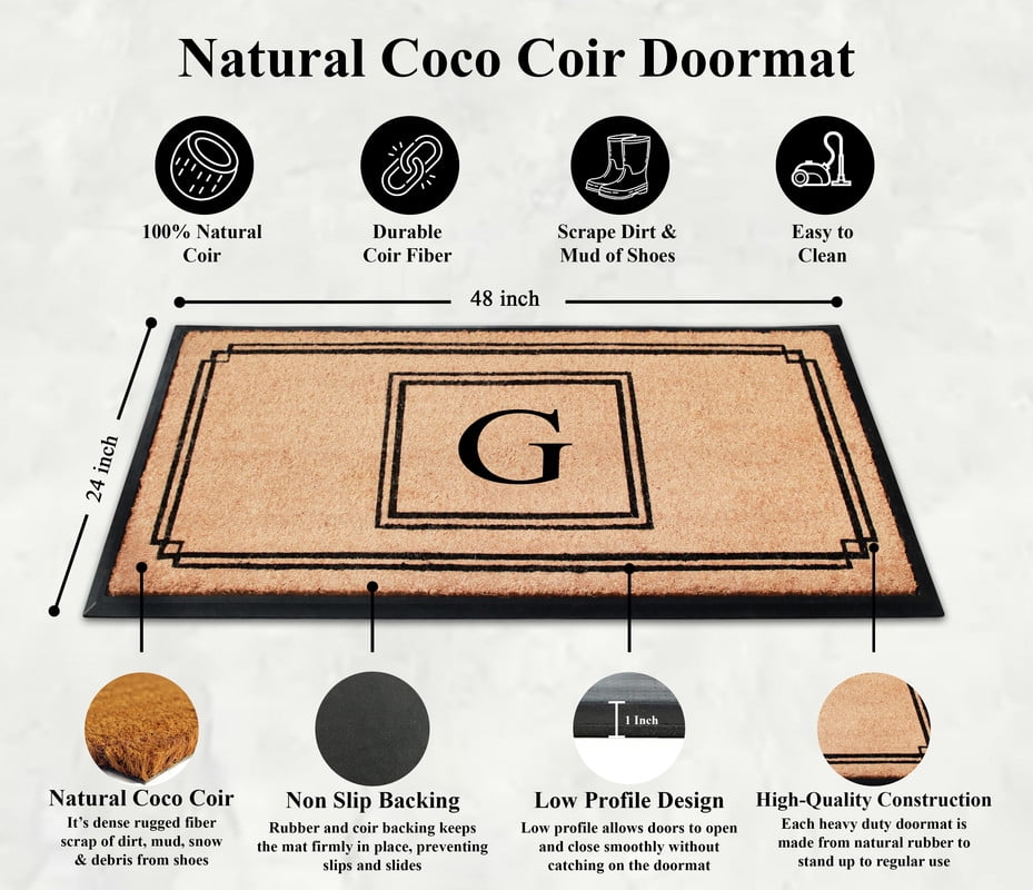 A1 Home Collections Rubber & Coir Mat, Heavy Duty, Extra Large, Front Door Mat 24"X48", Black/Beige Doormat Monogrammed G