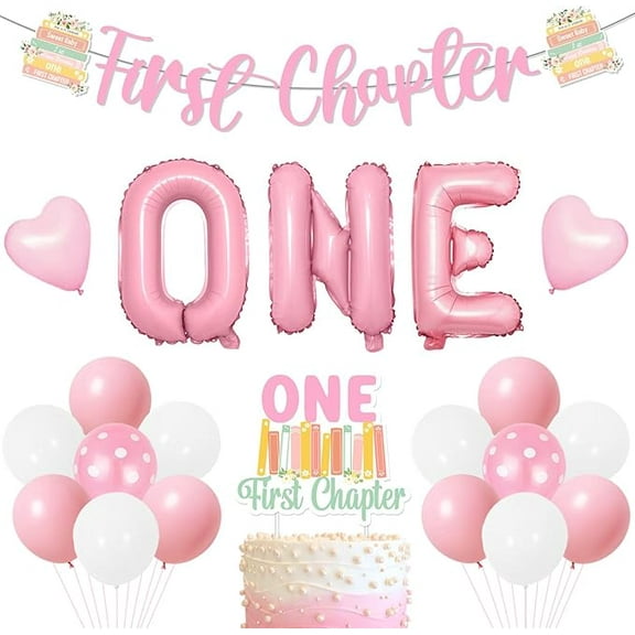 First Chapter Birthday Decorations Pink First Chapter Banner Book Themed Cake Topper One Foil Balloons Storybook 1st Birthday Party Decorations for Girls First Bday Party Supplies