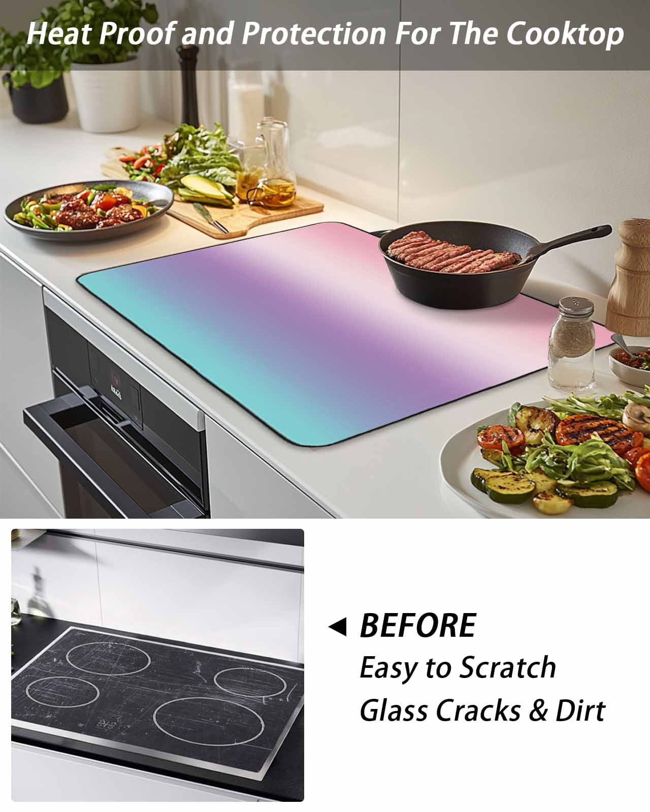 Stove Top Covers for Electric Stove, Pink Purple Teal Ombre Cream Glass Stovetop Cover Protector, Modern Abstract Art Aesthetics Induction Cooktop Protector Oven Mat for Kitchen Countertop 24"x21"