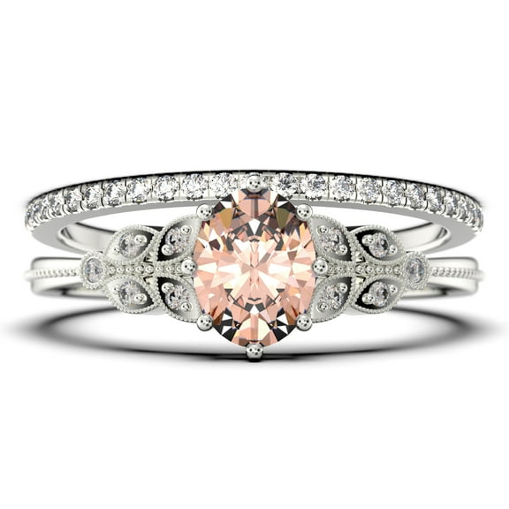 Gorgeous Boho & hippie 2.00 Carat Oval Cut Vintage Look Morganite And Diamond Moissanite Engagement Ring Set, Wedding Ring in 925 Sterling Silver With 18k White Gold Plating, Promise Ring