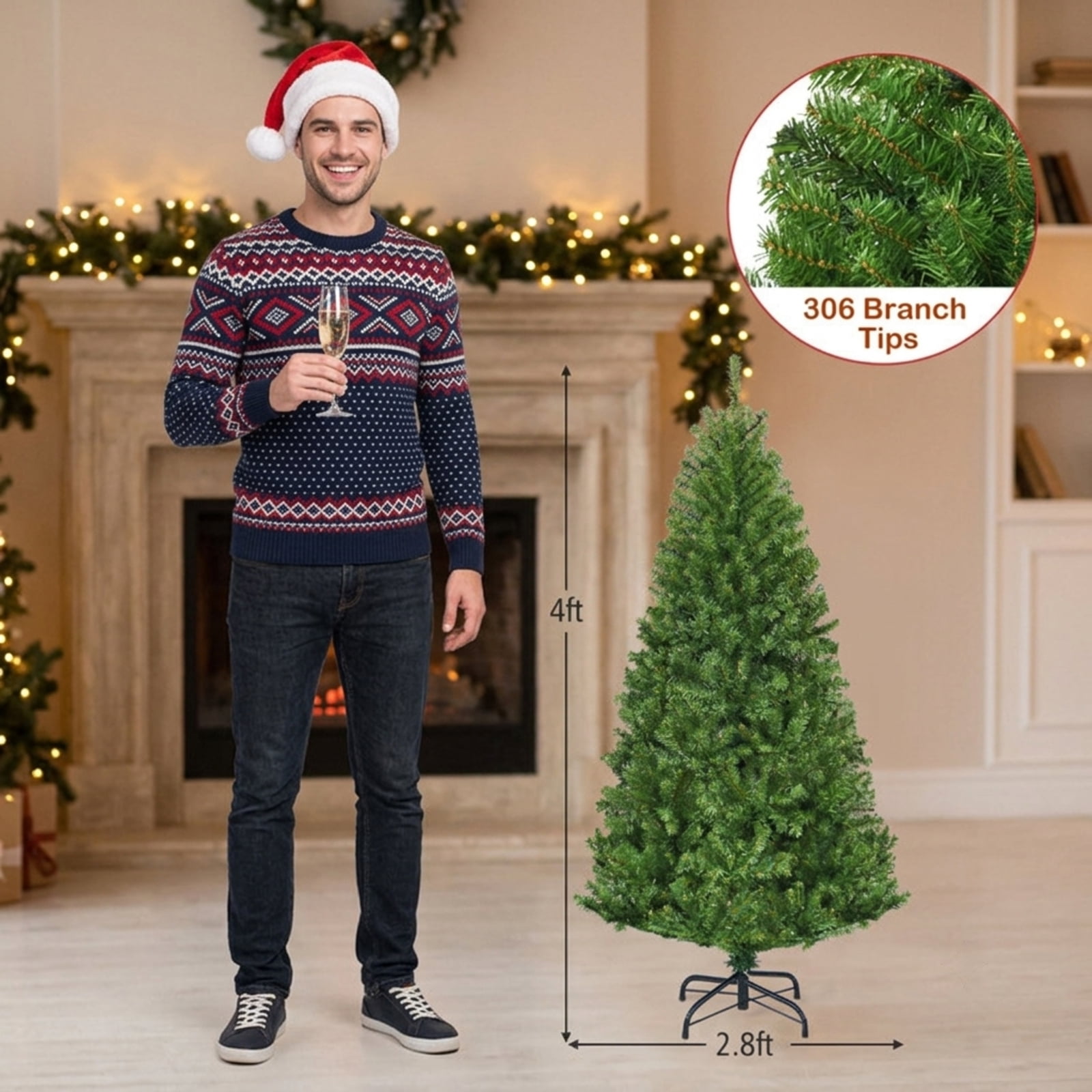 RUIE, 4 ft, Artificial Christmas Tree, with 100 LED Lights, 300 Branch Tips, Green Holiday Xmas Tree for Indoor Home Office Decoration
