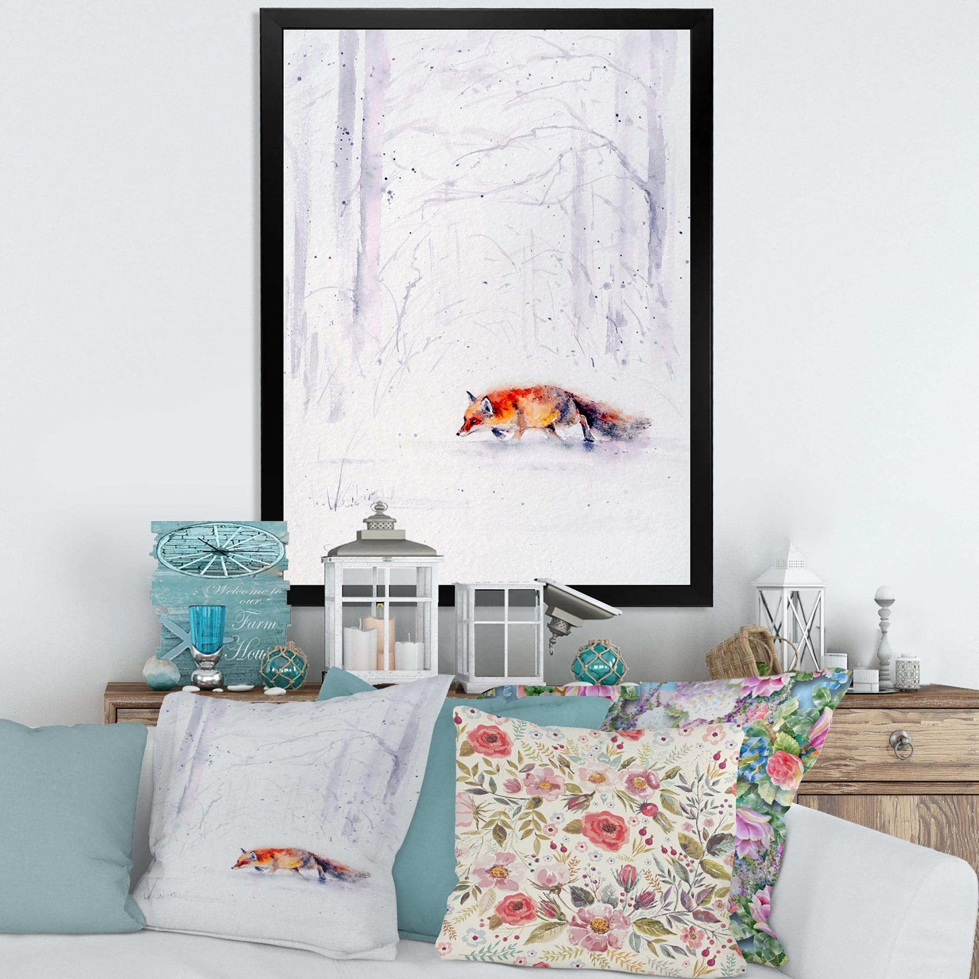 Designart 'Red Fox Running In White Snow in Countryside II' Farmhouse Framed Art Print
