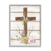 Stupell Spiritual Easter Cross Spring Blossoms Holiday Painting Gray Framed Art Print Wall Art