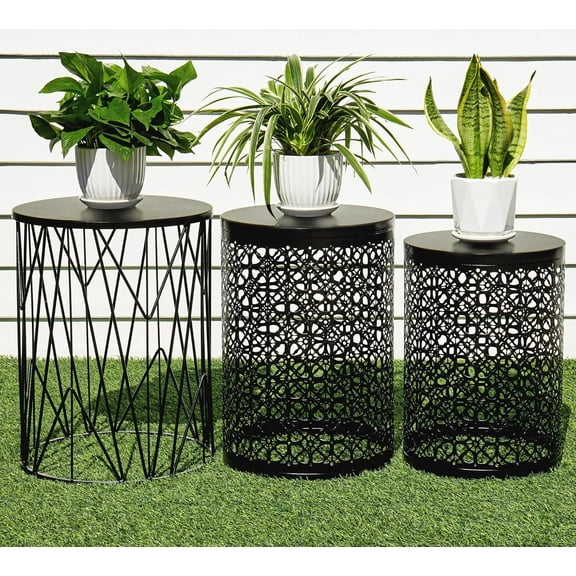 HFHOME Set of 3 Heavy-Duty Round End Table, Side Table, Coffee Table for Indoor Multifunctional Use, Outdoor Decorative Garden Stool  Stand-Black