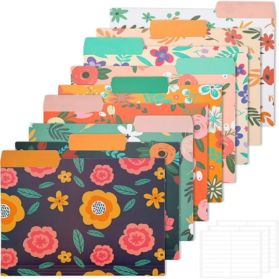 Decorative File Folders Letter,Tabs Plastic File Folders for Documents with Patterns and Erasable Category Labels for Notes Office and School Supplies