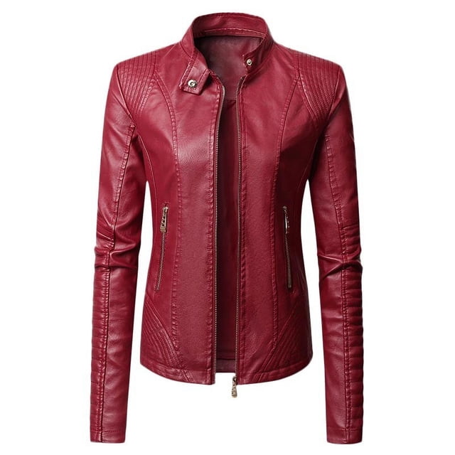 Baberdicy Veste en Cuir Femme, Veste en Cuir à Manches Longues pour Femmes Veste en Cuir de Moto Veste en Cuir Pu Mode Veste pour Femmes Manteau en Similicuir Mode ( Rouge m )