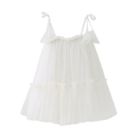 

CLZOUD Girls Neutral Dress White Cotton Blend Toddler Girls Sleeveless Dot Prints Tulle Princess Dress Dance Party Dresses Clothes 120