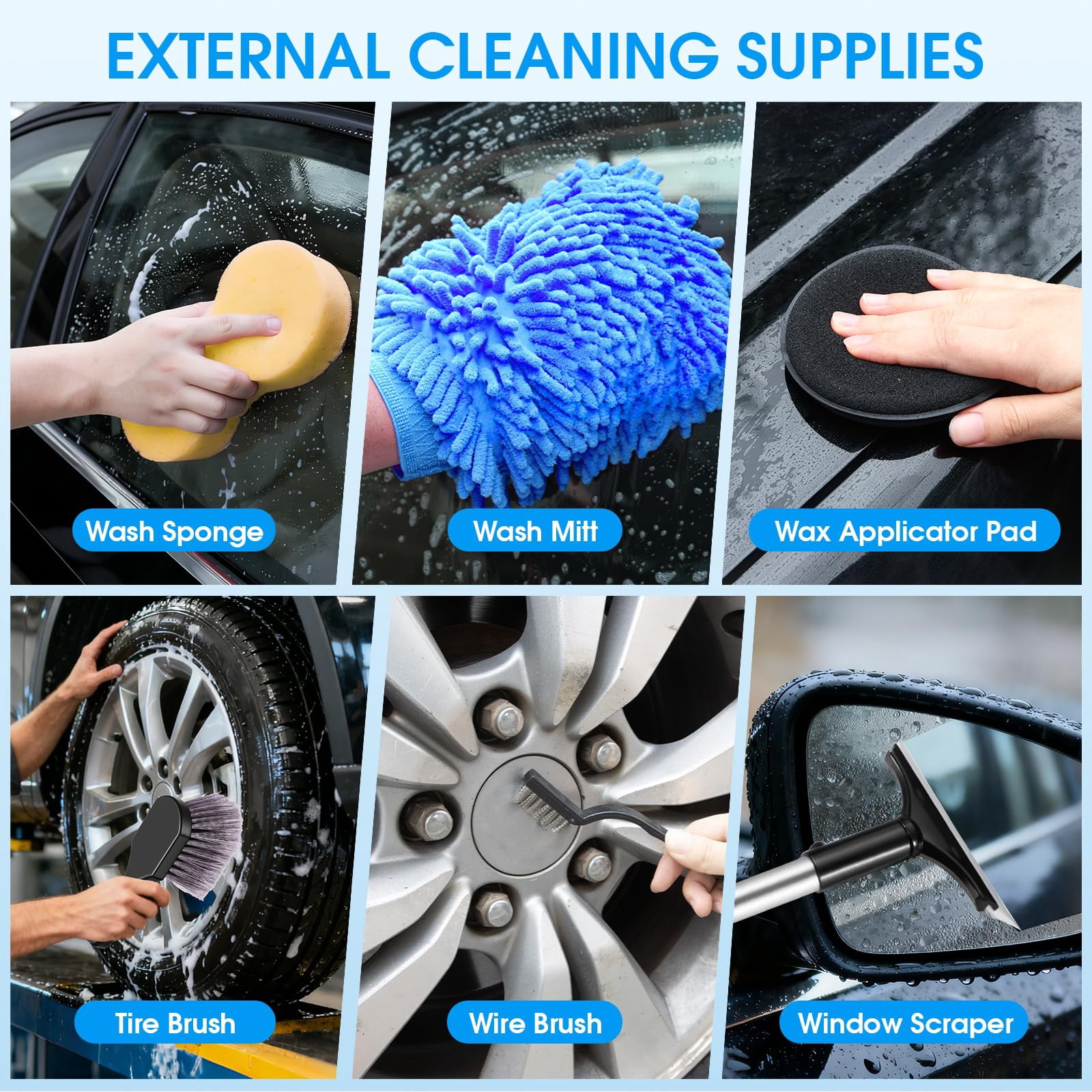Multifunctional Blue Car Detailing Cleaning Kit, Car Wash Set with Foam Sprayer, Long Handle Wash Brush and Foldable Bucket, Ideal Car Washing Gift for All Car Owners
