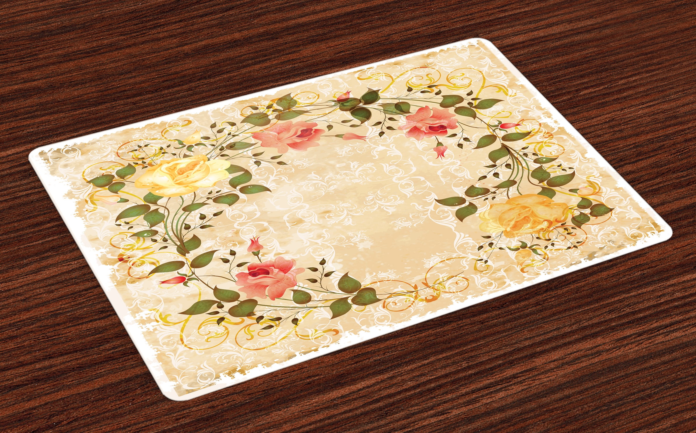 Vintage Placemats Set of 4 Oval Shape Floral Crown with Leaves and