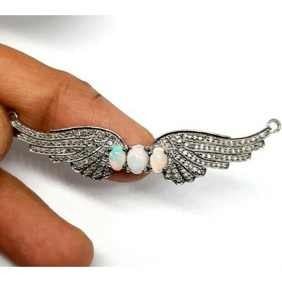 Ethiopian Opal Angel Wing Pendant 925 Silver Pave Diamond Wing Necklace Gift.