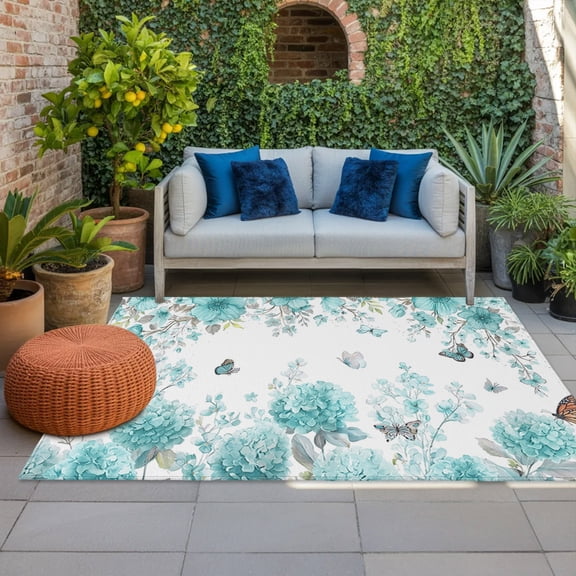 Outdoor Rug, Hydrangea Flower Teal Watercolor Indoor Area Rug Outdoor Carpet RV Camping Rugs 4x6ft Country Butterfly Outside Mat for Patio Picnic Porch Deck Balcony Backyard