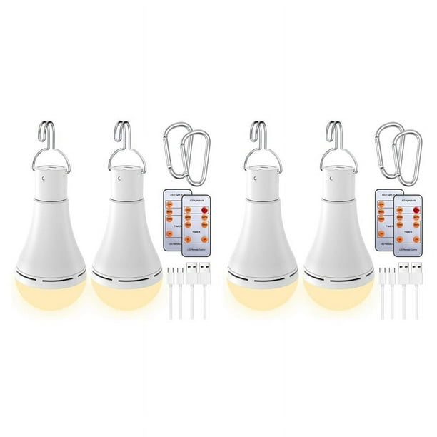 Bombilla Recargable USB con Control Remoto para de Energía en el Hogar, Bombilla LED Colgante con Gancho para Exteriores, Paquete de 4