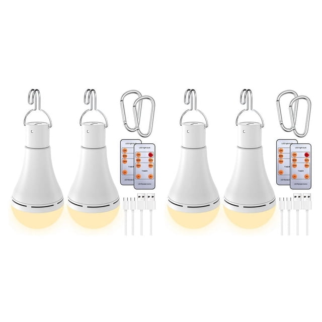 Bombilla Recargable USB con Control Remoto para de Energía en el Hogar, Bombilla LED Colgante con Gancho para Exteriores, Paquete de 4