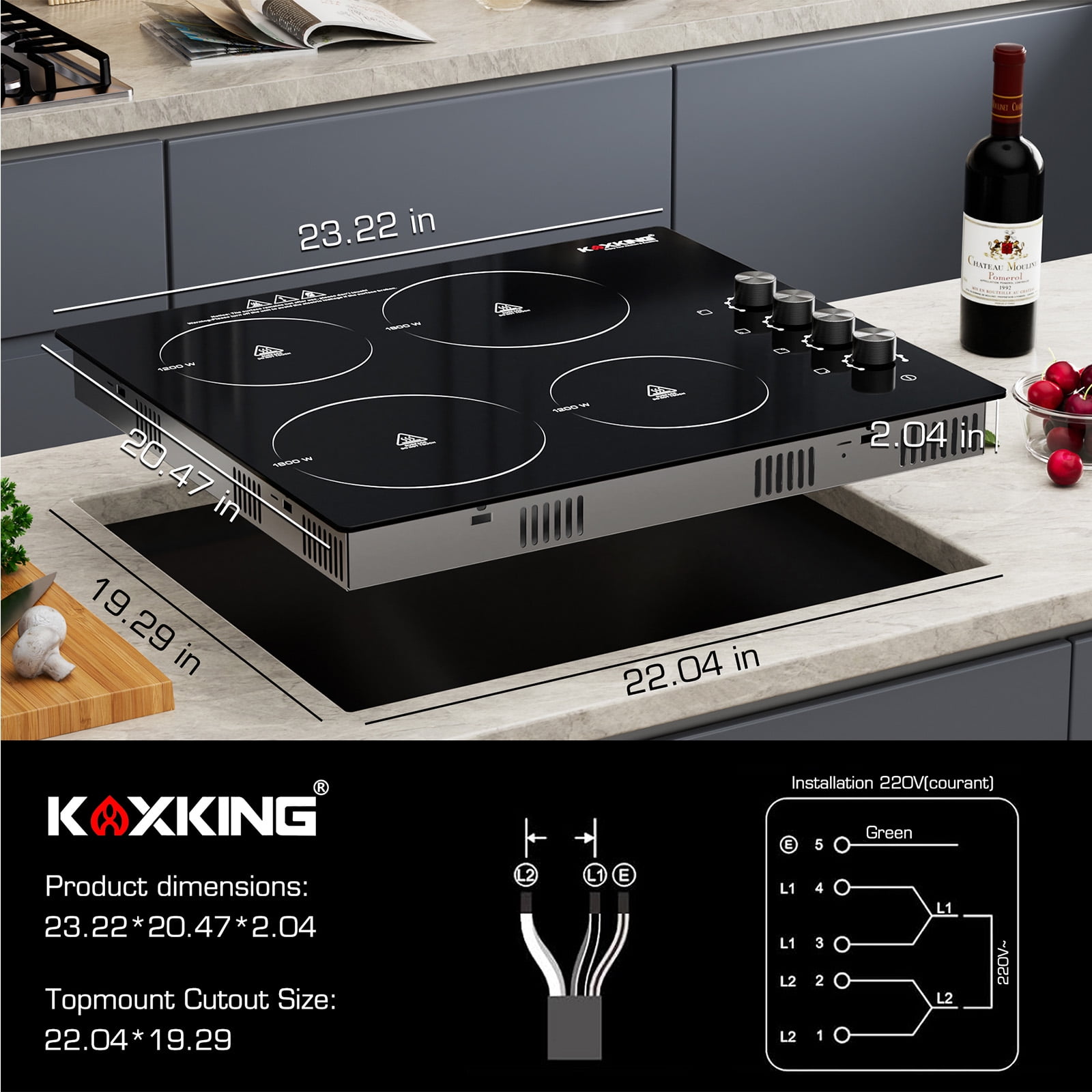24 inch Electric Cooktop, 6000W Built-in Ceramic Stove Top with 4 Burners & Knob Control, 220-240V Drop-in Radiant Cooktop(No Plug)