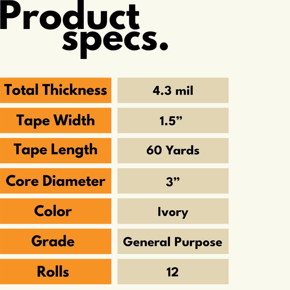 SSBM 4.3 Mil - General Purpose Masking Tape Water & Oil Resistant, Quality Adhesive, Mutipurpose, Ivory, 1.5" x 60 Yards, 12 Pieces