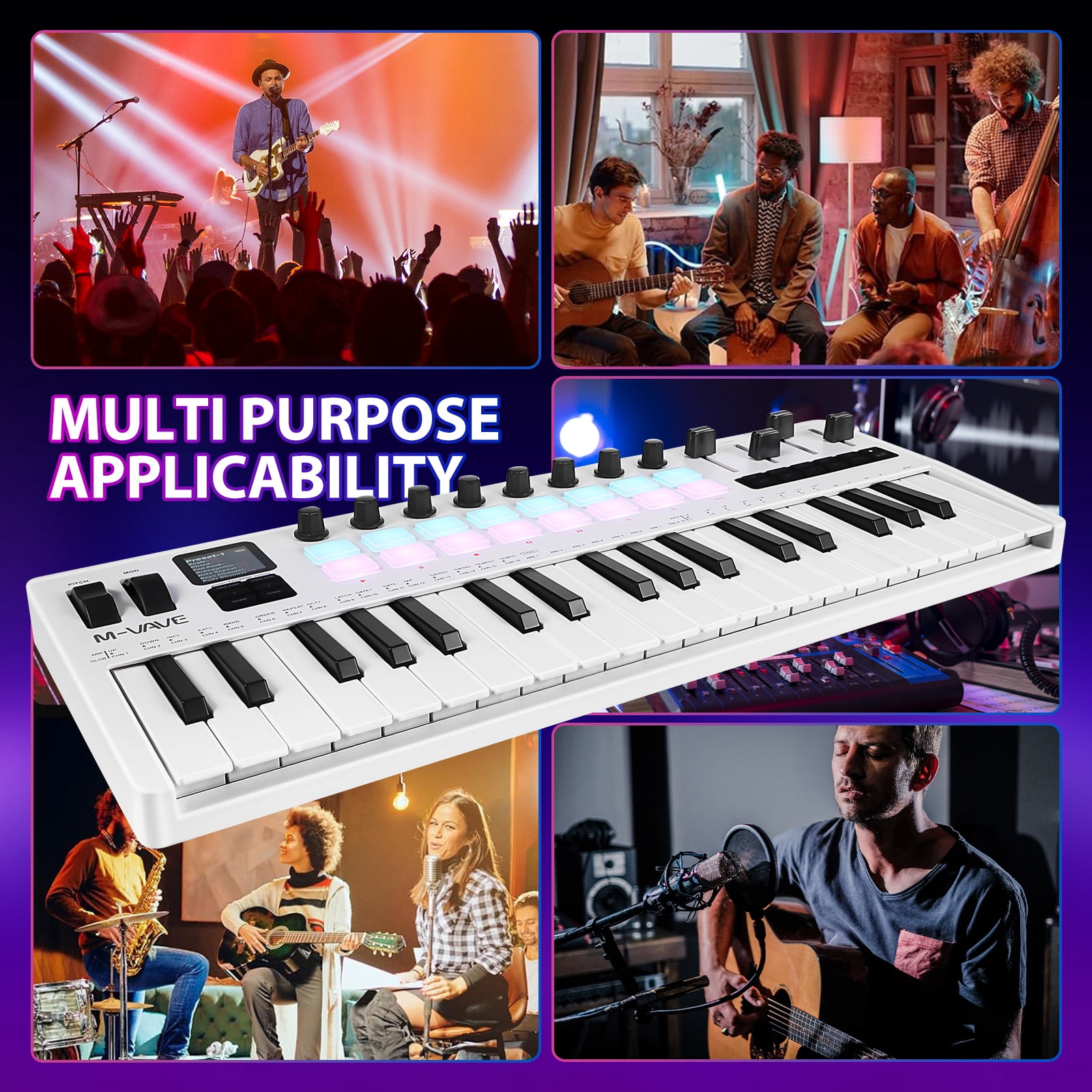 OFFIGAM 1Set MIDI Keyboard 37 Key Portable Keyboard Controller with Backlit Pads White 18.00X7.11X1.97in