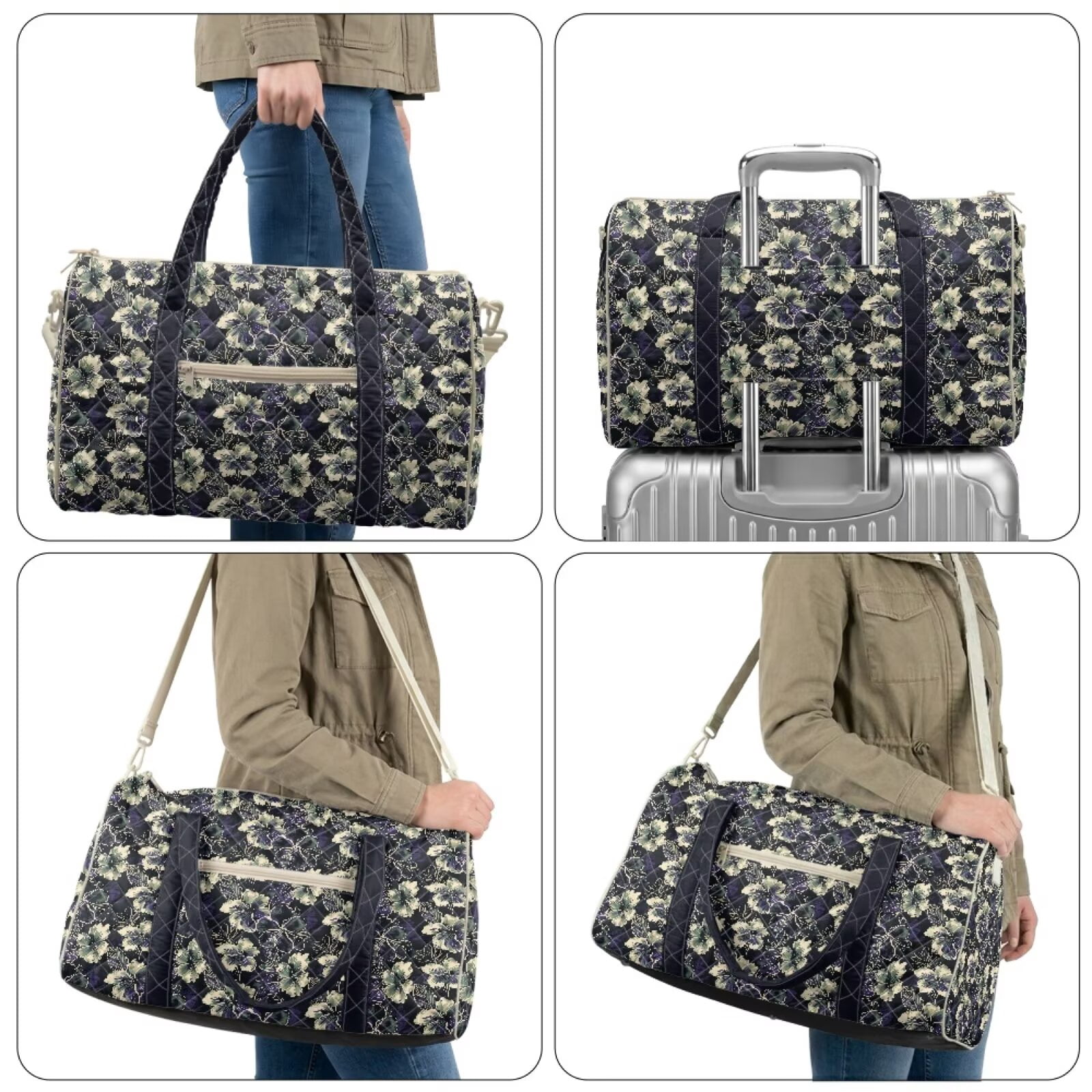 Chririnla Lightweight Travel Bags for Women Carry On Universal Fit Luggage with Quilted Fabric & Luggage Handle Strap Airplanes, Dark Hibiscus Print