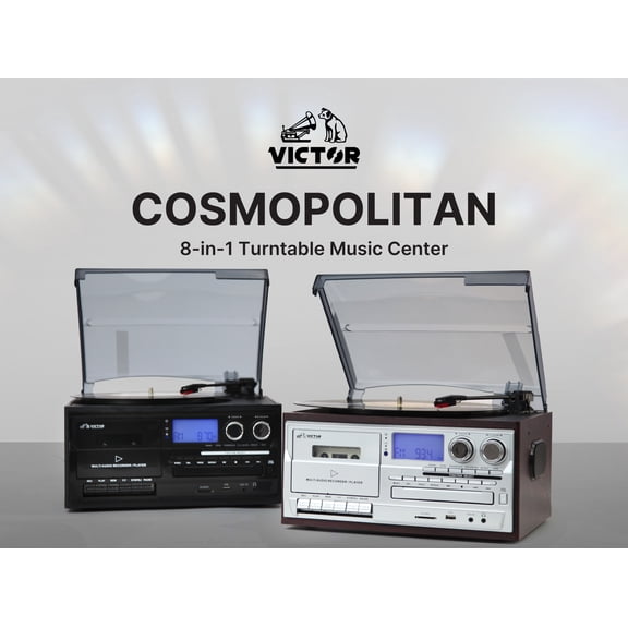 Victor VWRP-4200 Cosmopolitan 8-in-1 Turntable Music Center with 3-Speed Record Player, CD/MP3/Cassette Player, AM/FM Radio, Dual Bluetooth in & Out, USB Playback & Recording