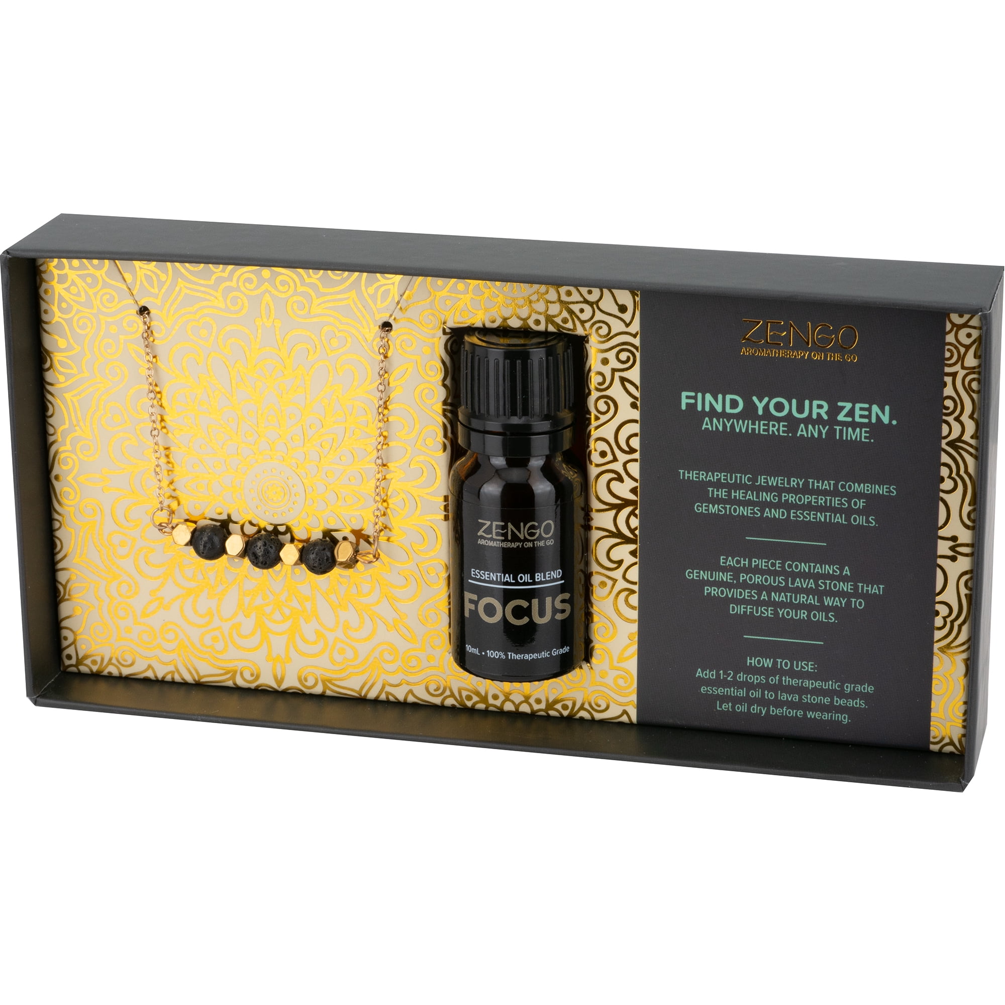Zengo Aromatherapy Black & Gold Necklace + Oil Set