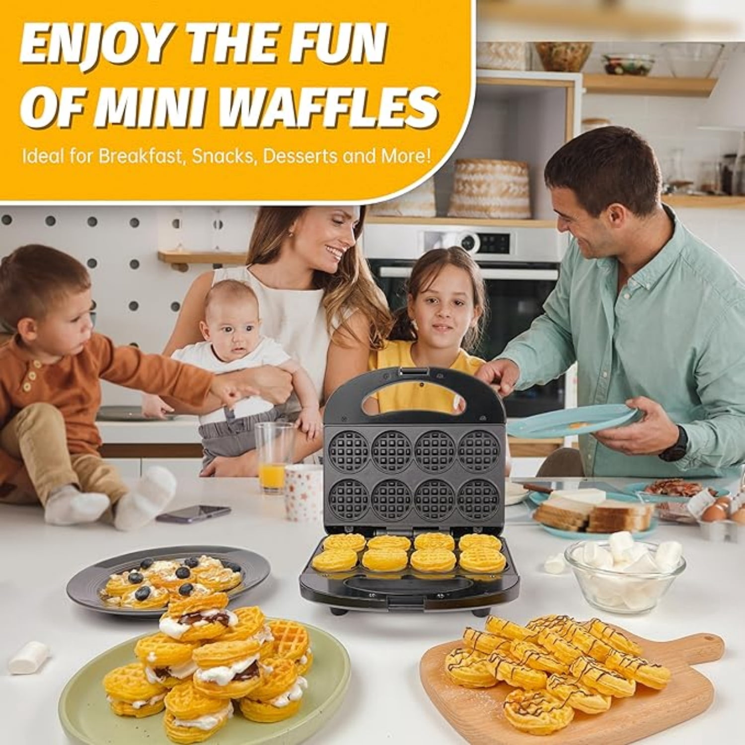 Mini Electric Waffle Maker 8-Count 2" Tiny Bites Non-Stick for Breakfast Dessert Snacks
